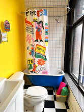 Shower curtain designed by Vincent Toutou representing Quebec Roadside casse-croûtes in a cartoon style artwork.