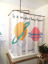 Anne Faf, Anne Fafard-Blais, illustrateur, artiste, montreal, rideau de douche, shower curtain, artist, home decor, home accent, bathroom, bathroom design, artwork, design, print, love, love story, amour, true love, costume de bain, comètes, planètes