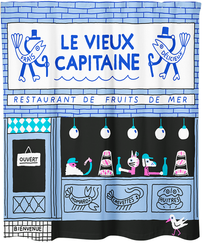 Rideau de douche bleu et noir représentant une scène de restaurant de fruits de mer. Conçu par l'artiste illustrateur Ben Tardif