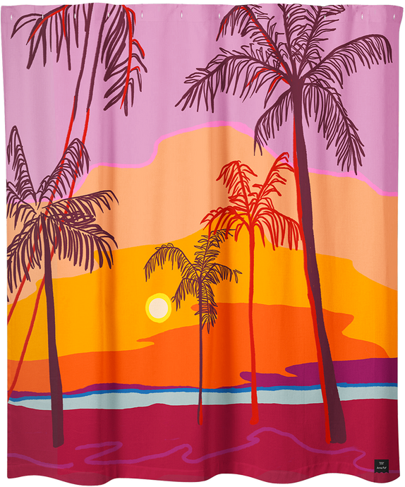 Palm trees sunset beach artwork shower curtain made by Anne Faf. Designed and created in Quebec, Canada.