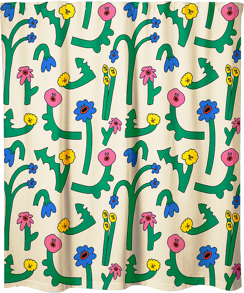 Vibrant singing flower shower curtain designed by artist PONY for Costume de bain – a burst of colorful joy for your bathroom space.
