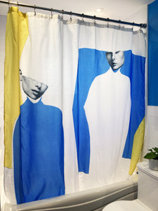 Rideau de douche créé et conçu en collaboration avec artiste de collage Marin Blanc. Conçu au Québec, Canada. Décoration de salle de bain, décoration d'intérieur