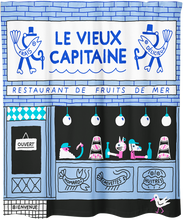 Rideau de douche bleu et noir représentant une scène de restaurant de fruits de mer. Conçu par l'artiste illustrateur Ben Tardif