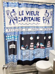 Shower curtain made by Canadian artist Ben Tardif, from Quebec. Rideau de douche fait en collaboration avec l'artiste canadien Ben Tardif, originaire du Québec. 