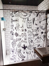 Black and white doodles shower curtain made by Canadian artist Léveillée Limitée. Great home decor for bathroom.